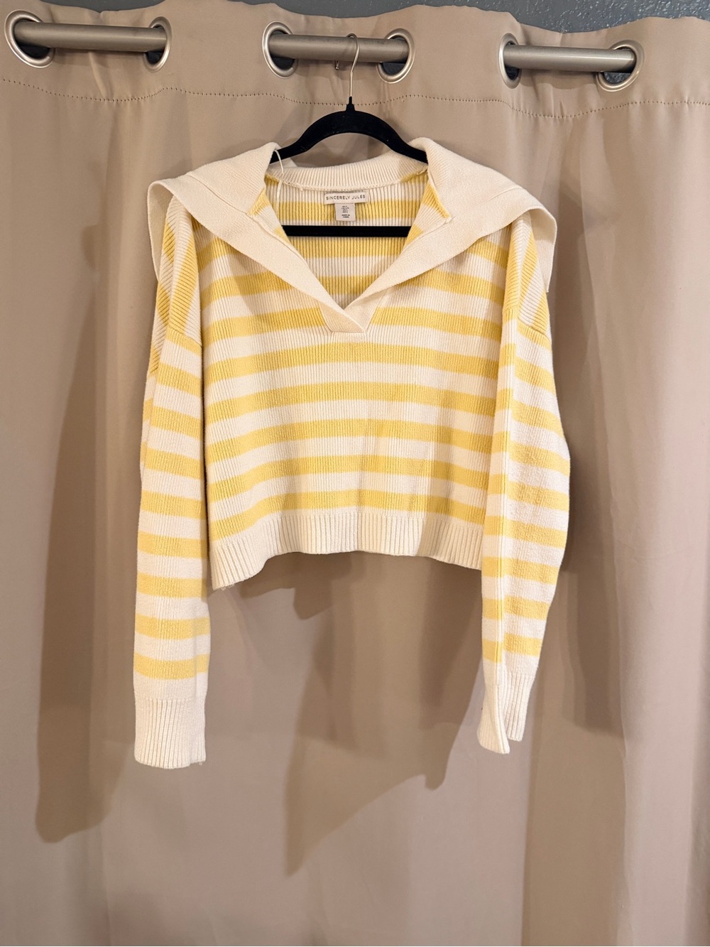 Sincerely Jules Yellow & White Striped V-Neck Hooded Cropped Sweater